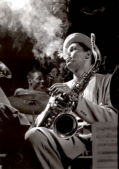 Herman Leonard's 1948 photograph of Dexter Gordon at the Royal Roost in New York