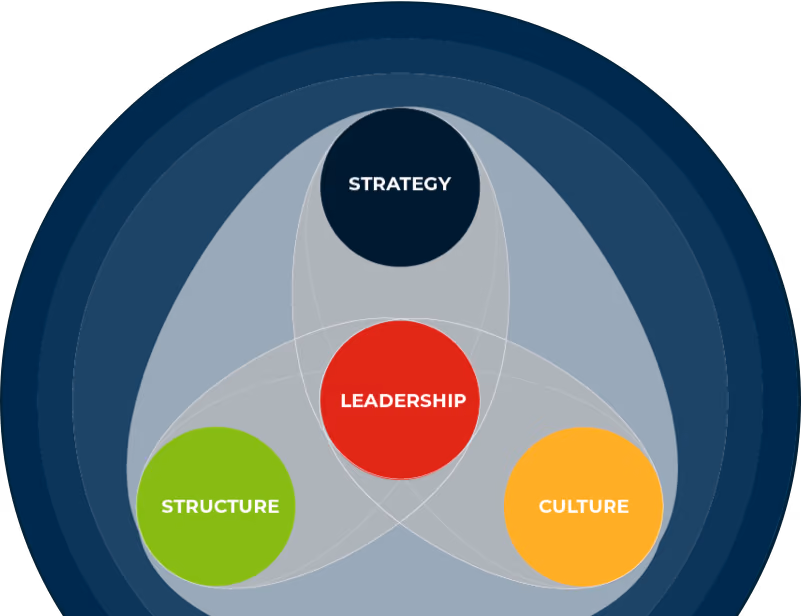 Diagram with overlapping circles labeled Strategy, Structure, Culture surrounding the central Leadership circle.