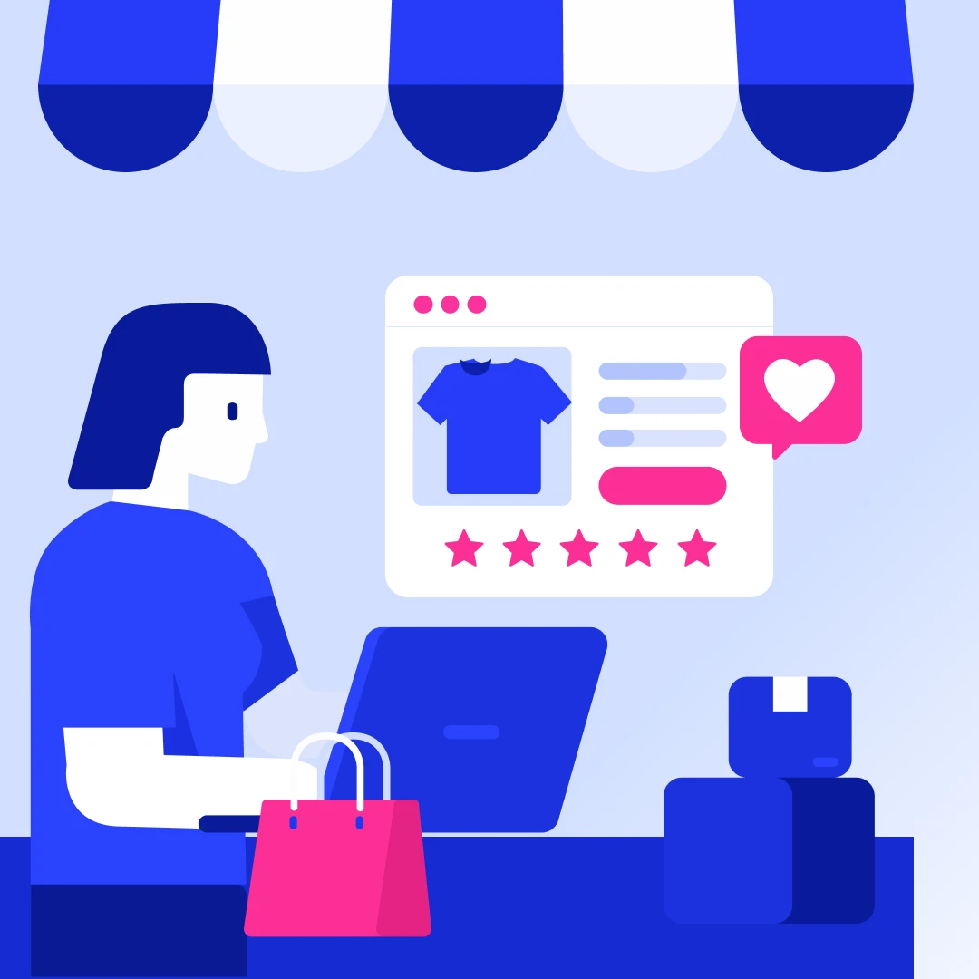 Shop owner managing online orders on a laptop, with a shopping bag at the counter