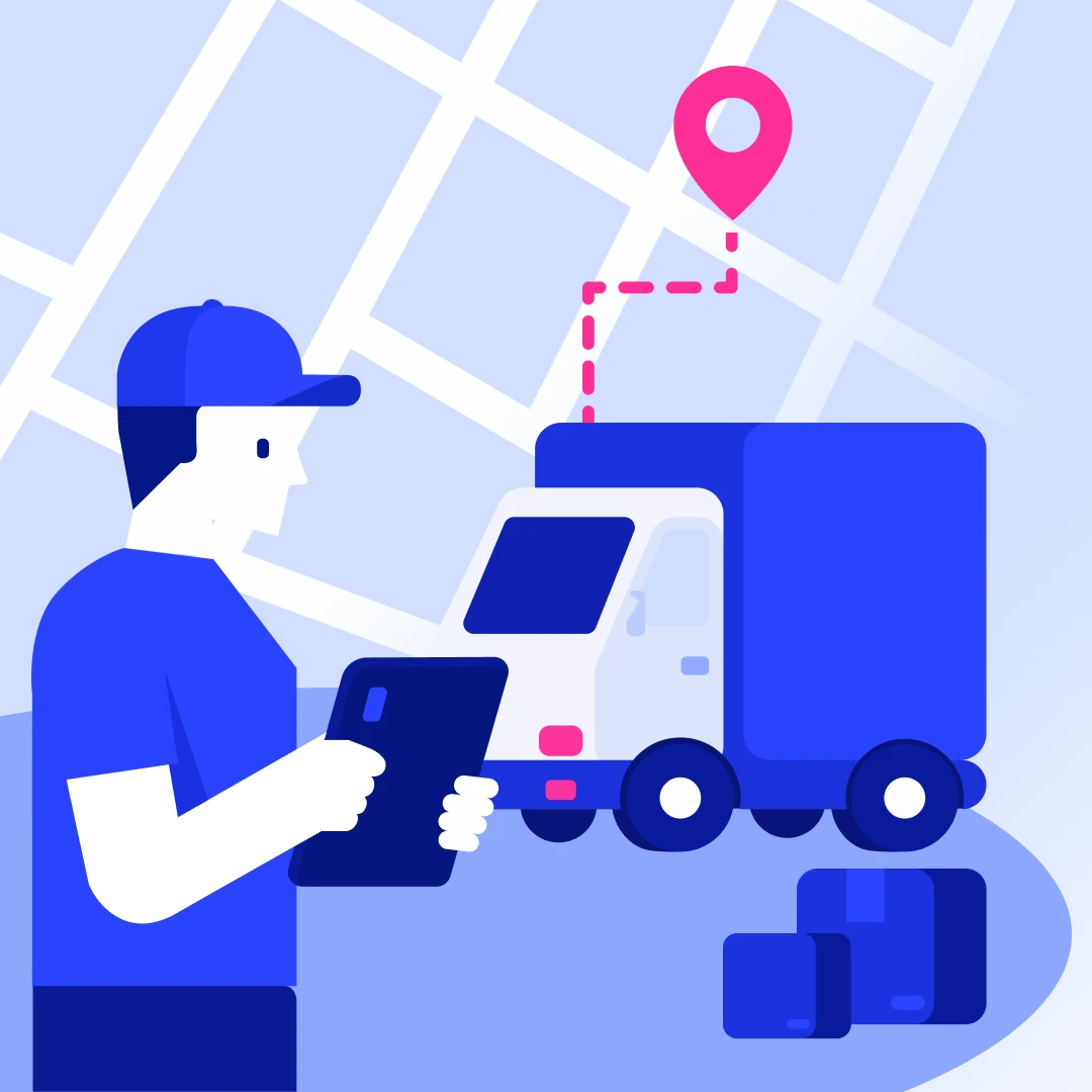 Delivery agent with a tablet next to a delivery truck and a map route