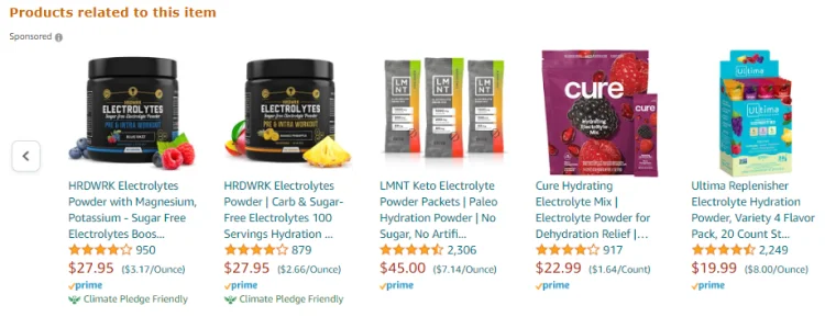 related product listings on Amazon