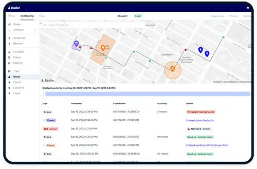 Radar geofence dashboard