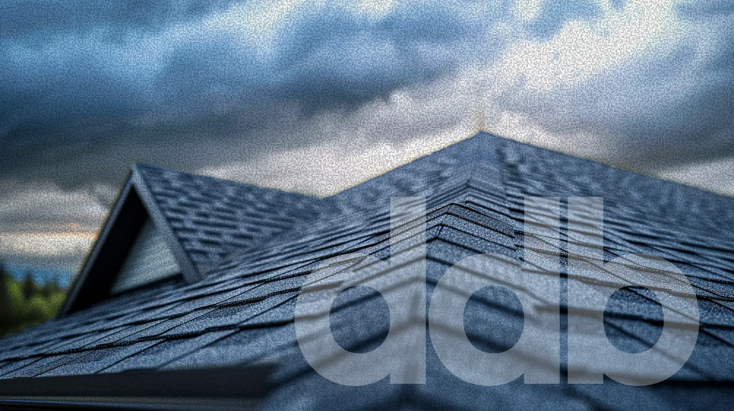 Close-up view of a modern asphalt shingle roof under dramatic cloudy skies, with light breaking through in the background—highlighting storm-resistant roofing materials on a suburban home.