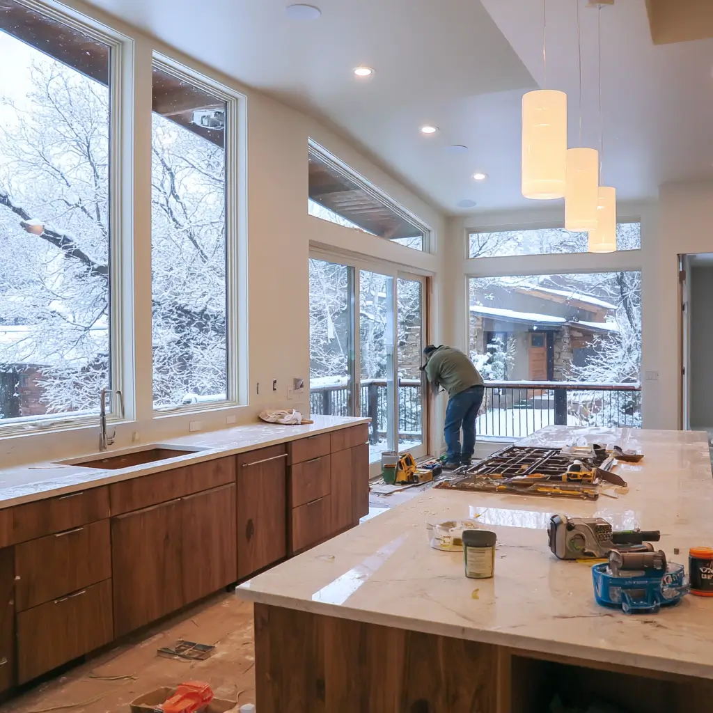 Interior kitchen renovation in progress during winter, featuring large snowy windows, modern wood cabinetry, and a contractor working near glass doors. Captures seasonal remodeling and cozy home upgrades.