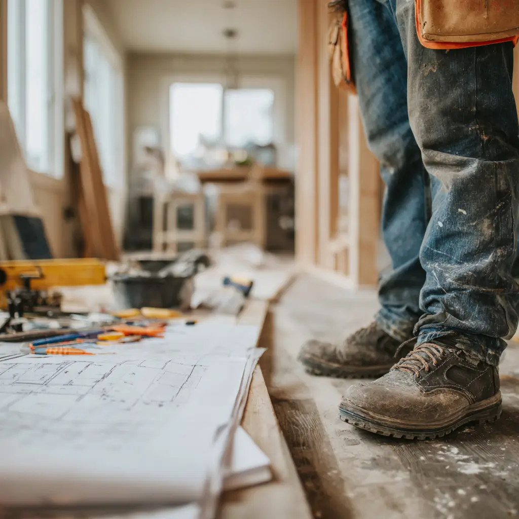 A general contractor wearing worn work boots and jeans stands inside a home under renovation, with blueprints and tools spread across a wooden surface in the foreground. Natural light fills the room, giving it a realistic, work-in-progress feel.