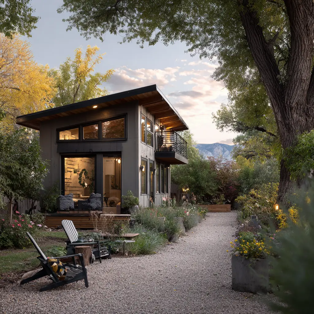 A modern backyard accessory dwelling unit (ADU) in Denver with large windows, a wooden balcony, and a gravel pathway surrounded by lush trees and garden plants at sunset.