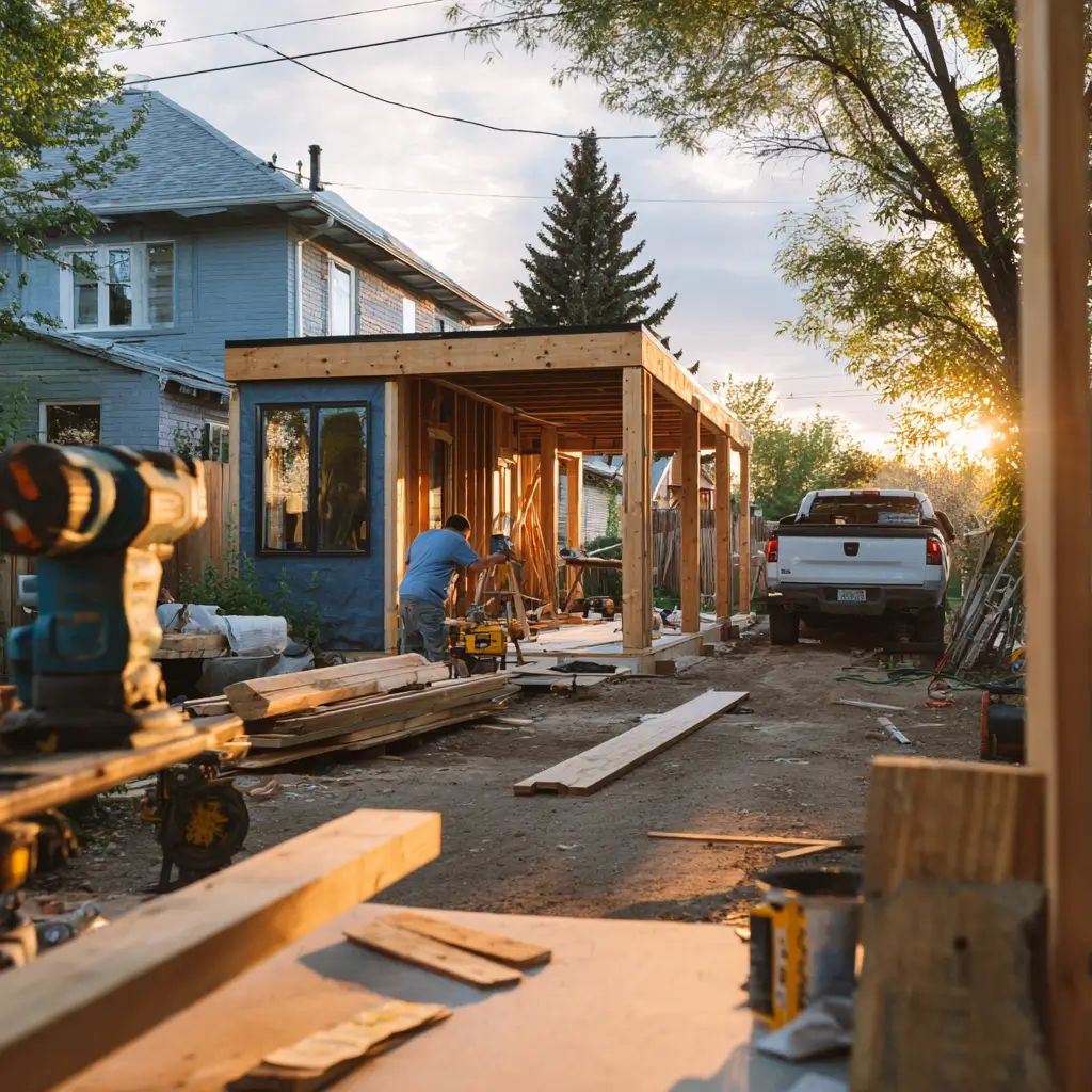 A construction worker builds a modern detached ADU in a Denver backyard at sunset, surrounded by lumber, tools, and a white pickup truck.