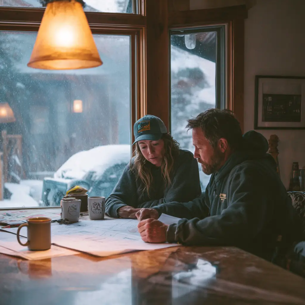 A Denver homeowner and a contractor review renovation plans together at a wooden table inside a cozy home on a snowy winter day, with blueprints and coffee mugs in front of them.