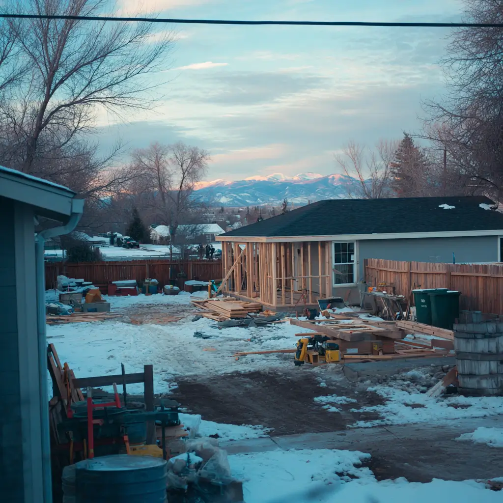 A modern detached ADU under construction in a snowy Denver backyard, with wood framing, scattered tools, and the Rocky Mountains visible in the distance at sunrise.