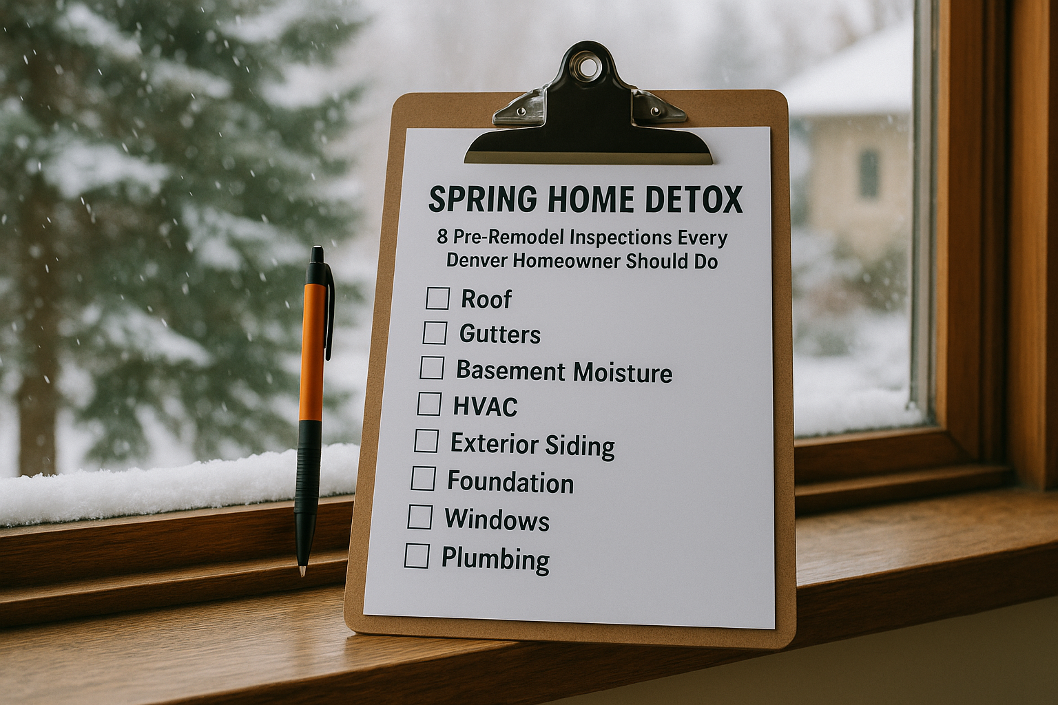 A horizontal photograph of a clipboard resting on a wooden kitchen counter, displaying a “Spring Home Inspection Checklist.” The background shows a cozy, sunlit kitchen interior with white tile backsplash, potted plants, and windows revealing a snowy outdo