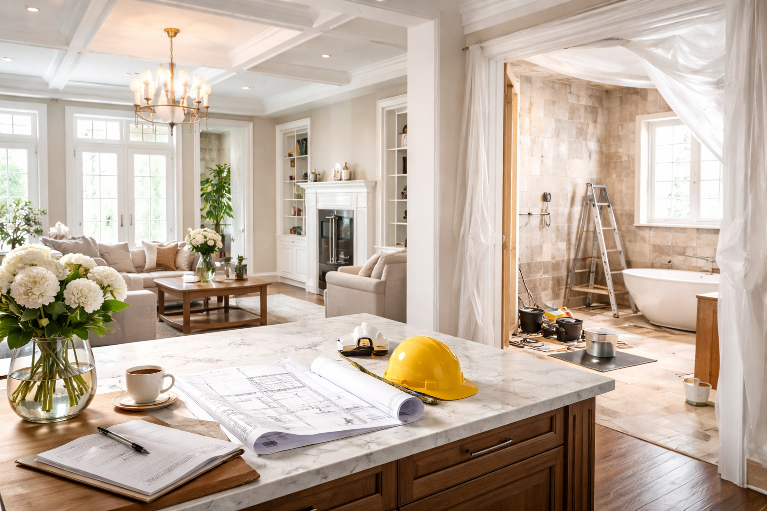 Bright, lived-in home with a partially remodeled bathroom visible beyond a clean kitchen island, showing construction underway while daily life continues.