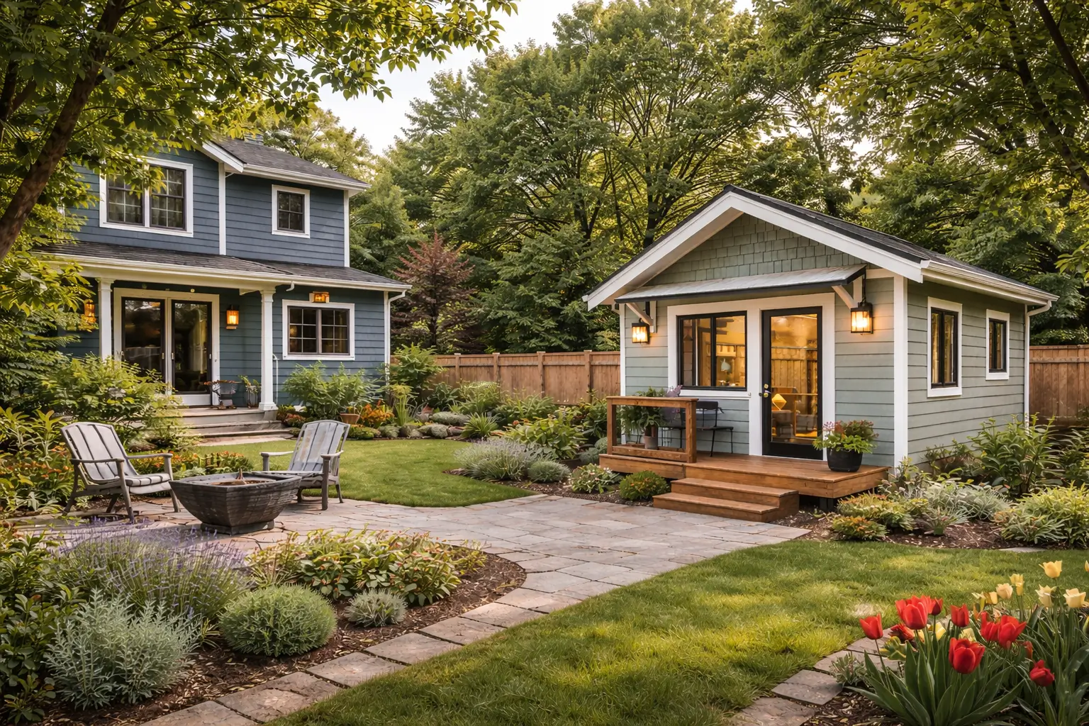 Detached backyard ADU behind a blue Denver home, featuring a small front porch, landscaped yard, and mature trees.