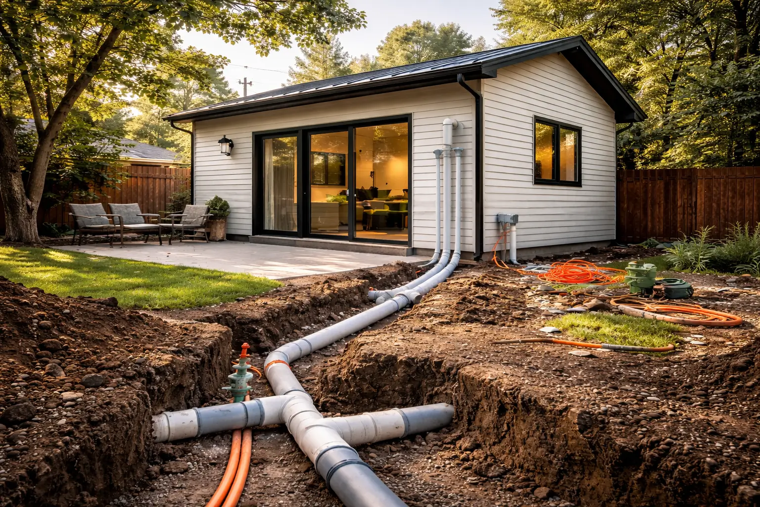 Backyard accessory dwelling unit in Denver with exposed plumbing and utility lines during construction, showing water and sewer connections.