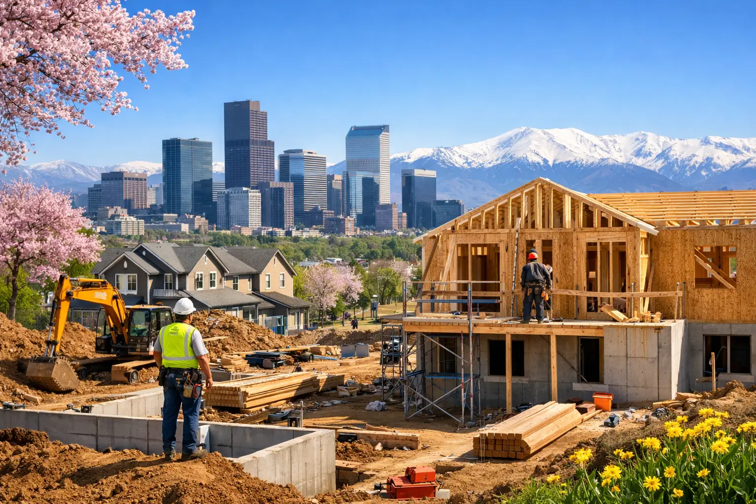 Custom home under construction in Denver during spring, with framing in progress and the city skyline in the background