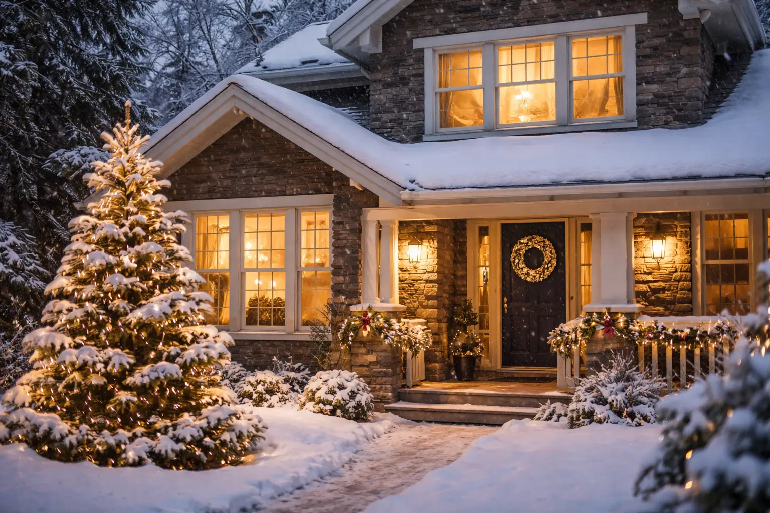 Snow-covered Denver home in winter with warm light glowing through the windows during the Christmas season