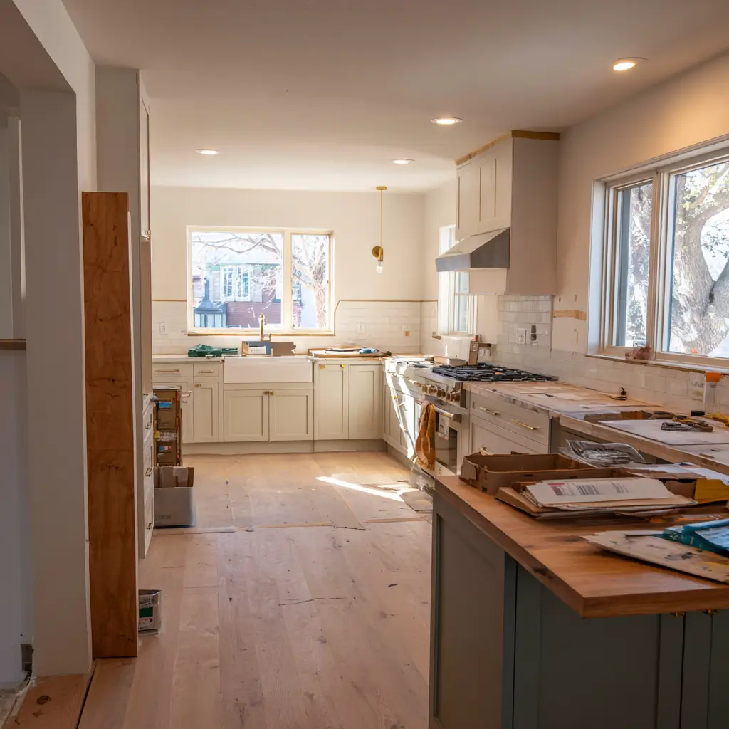 Kitchen remodel in progress in a Denver home, showing unfinished cabinetry, exposed countertops, tools, and materials as part of an active renovation project.