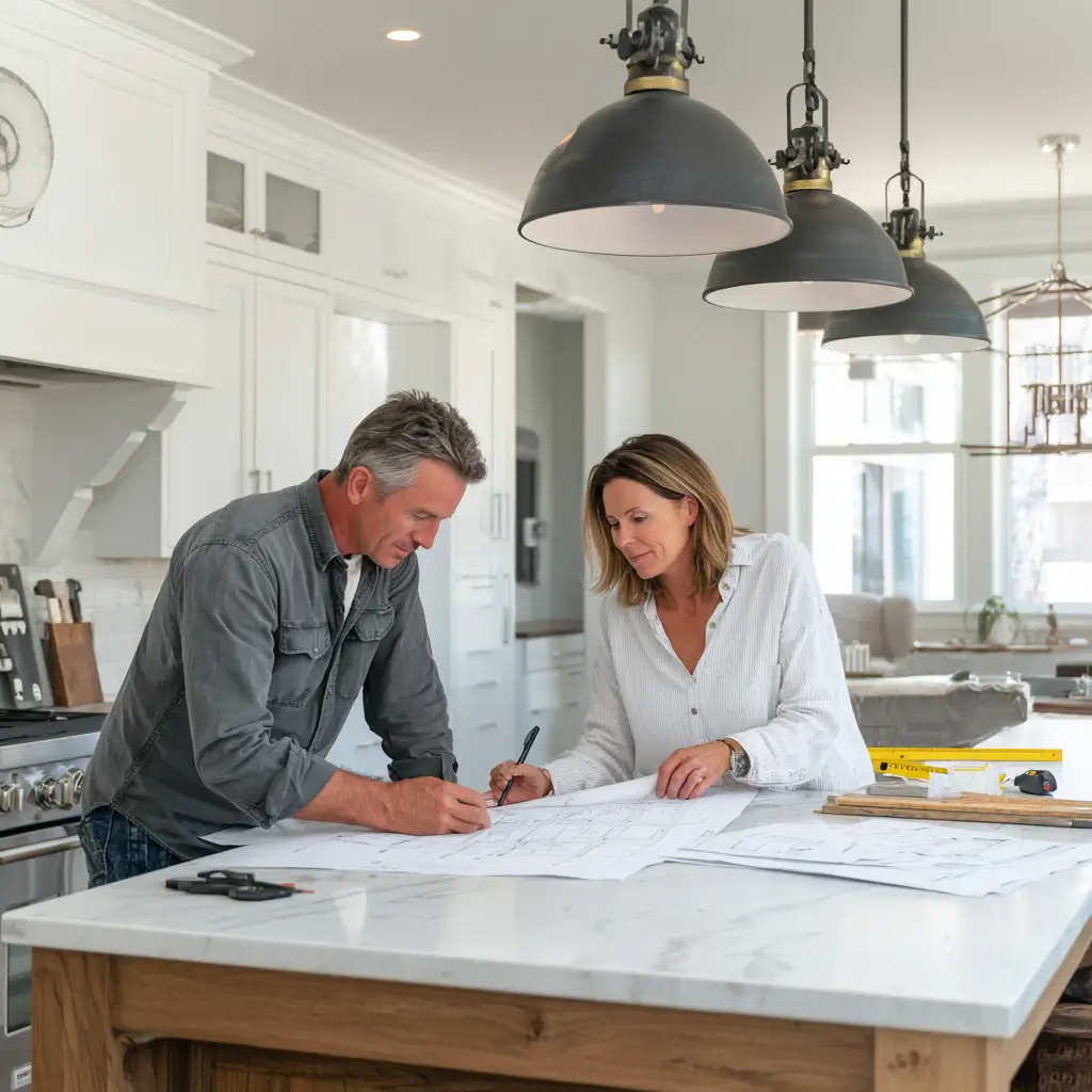Homeowner and general contractor reviewing renovation plans on a kitchen island inside a bright, finished Denver home, illustrating the planning phase of a home remodel.