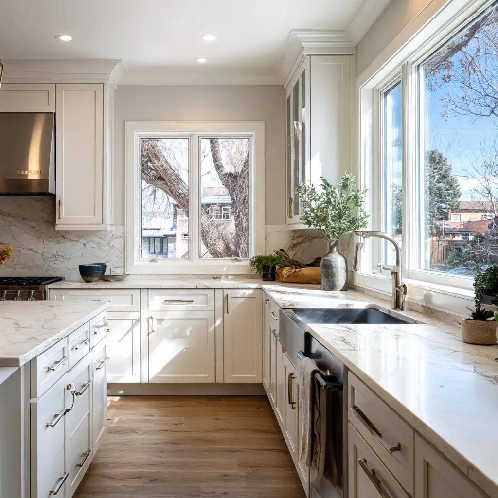 Bright Denver kitchen remodel with white cabinetry, stone countertops, and natural light, showcasing a clean, functional layout and durable finishes.