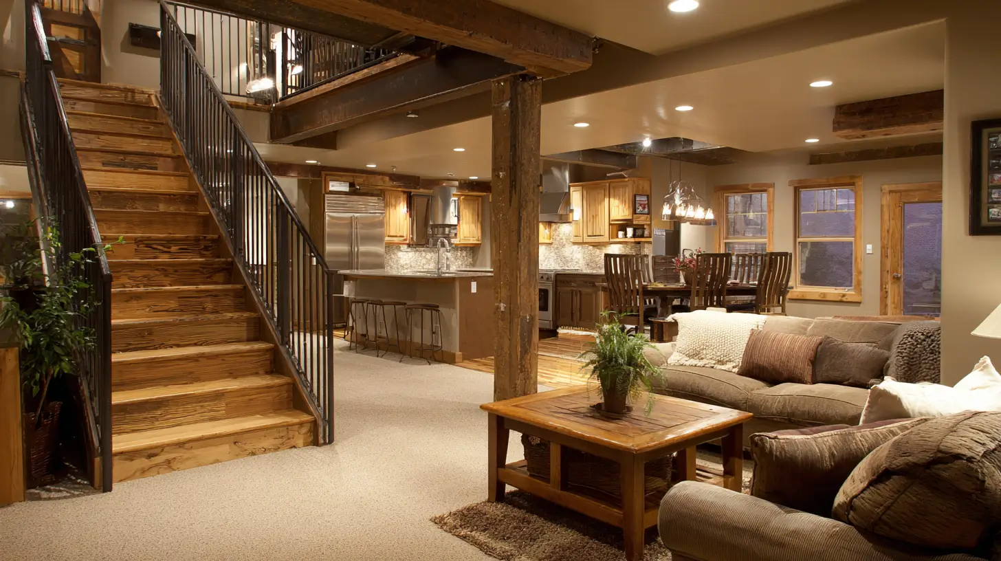 Finished basement conversion with open living area, exposed wood beams, staircase access, and integrated kitchen, showcasing a warm, fully livable lower-level space.