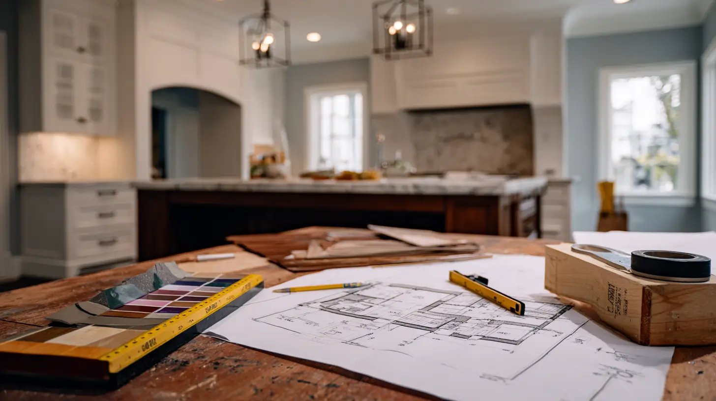 Home renovation planning scene with conversion blueprints, material samples, and measuring tools laid out on a table inside a finished kitchen.