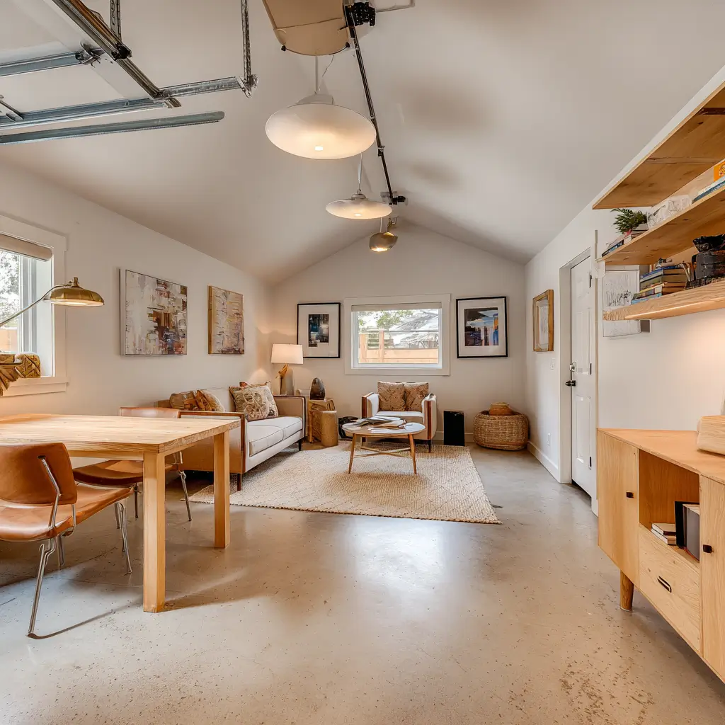 Clean, well-maintained garage conversion featuring a home office and lounge area with wood furniture, open shelving, polished concrete floors, and ample natural light.