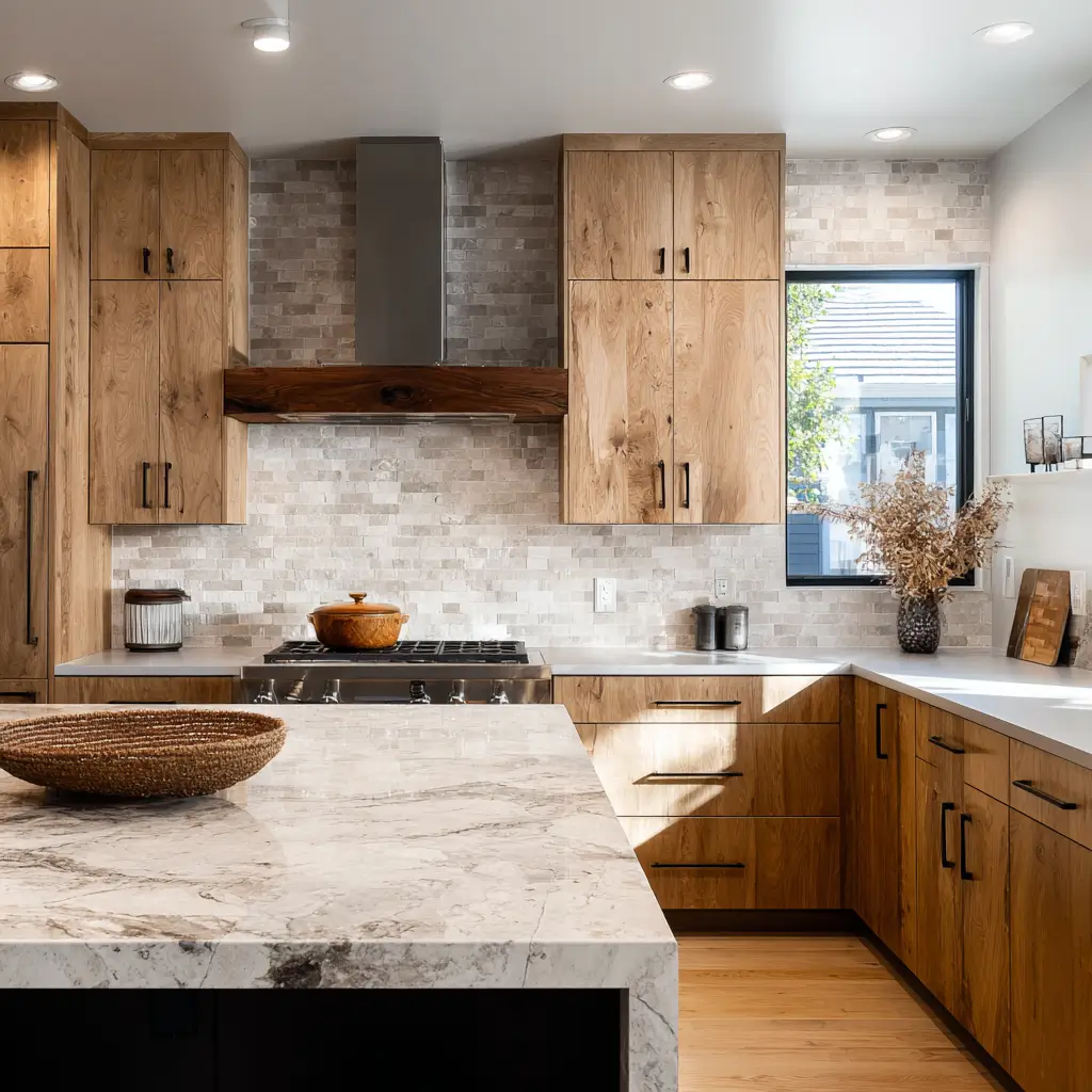 Custom modern kitchen featuring warm wood cabinets, marble waterfall island, stone backsplash, and sleek built-in cooking area.