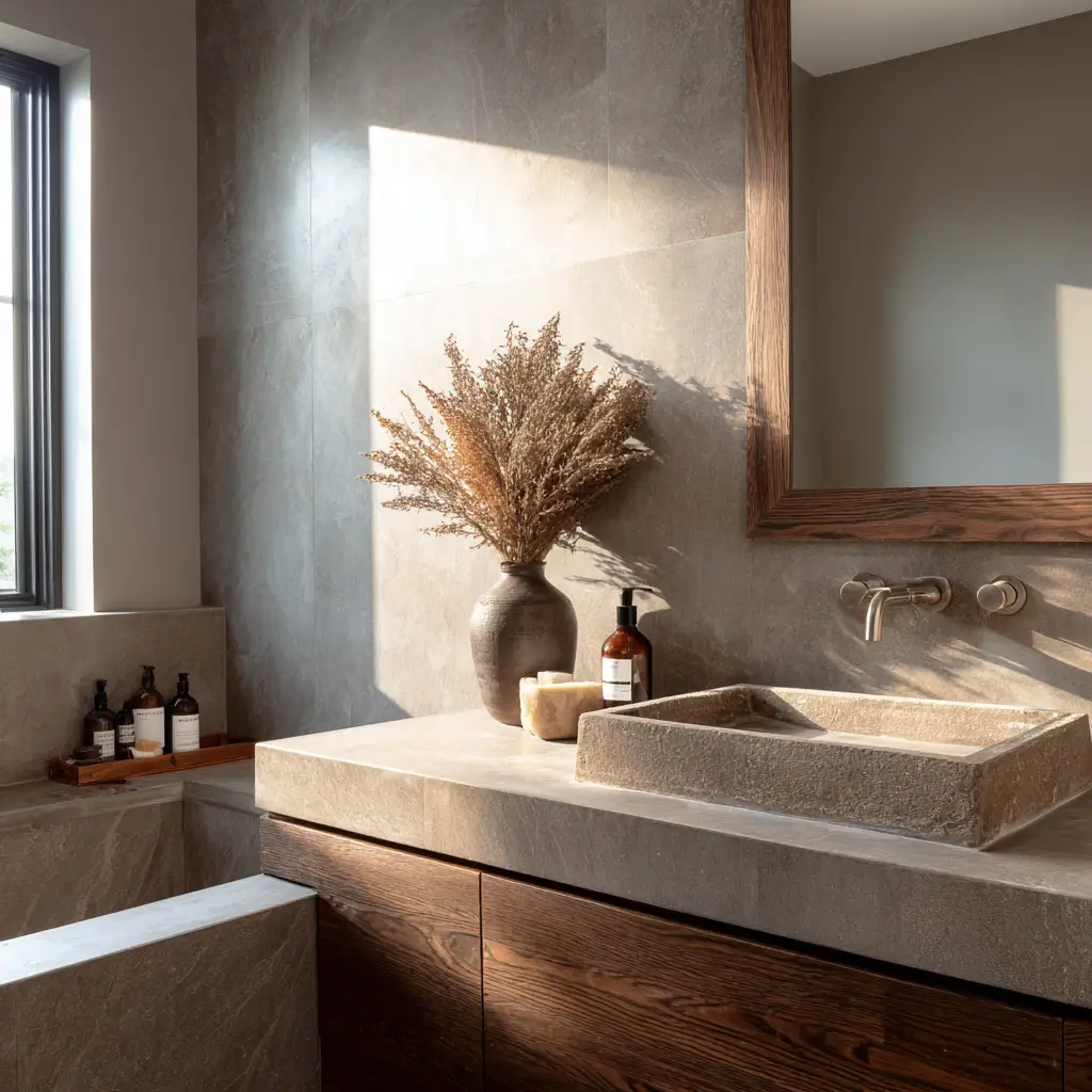 Modern bathroom vanity with warm wood cabinetry, textured stone countertop and integrated sink, soft plaster-style walls, and natural light creating a calm, spa-like feel.