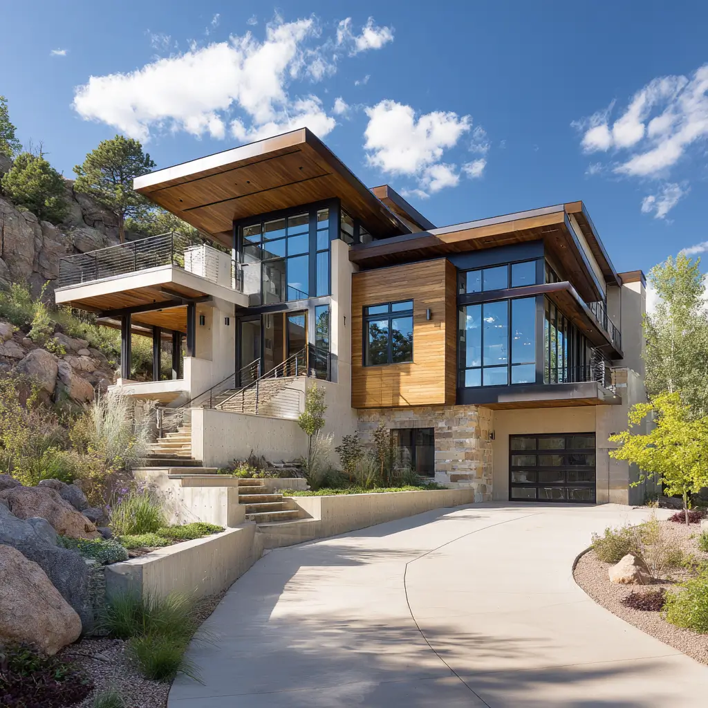 Modern home built on a sloped Colorado lot with a stepped foundation, integrated retaining walls, large windows, and contemporary exterior materials.