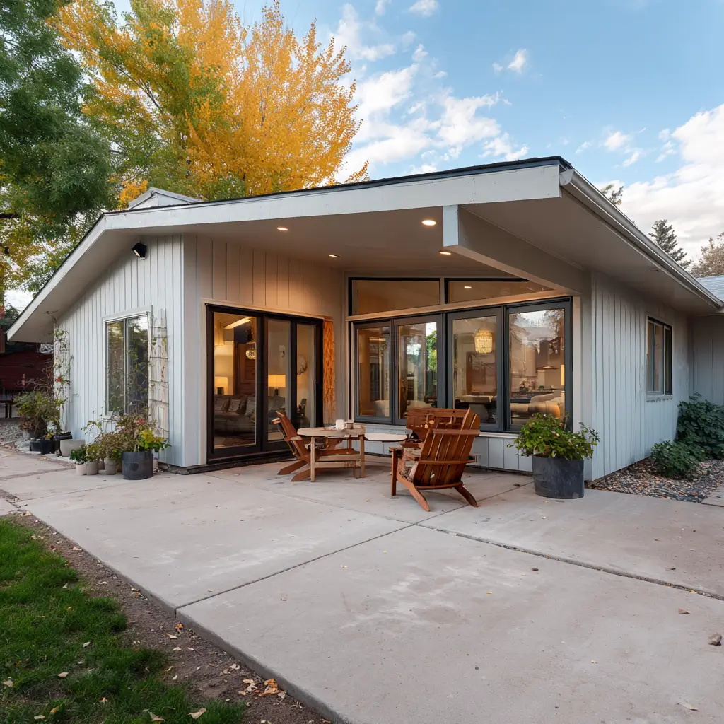 Suburban Colorado home with sliding glass doors opening to a covered patio and concrete slab, creating a practical indoor-outdoor living space.