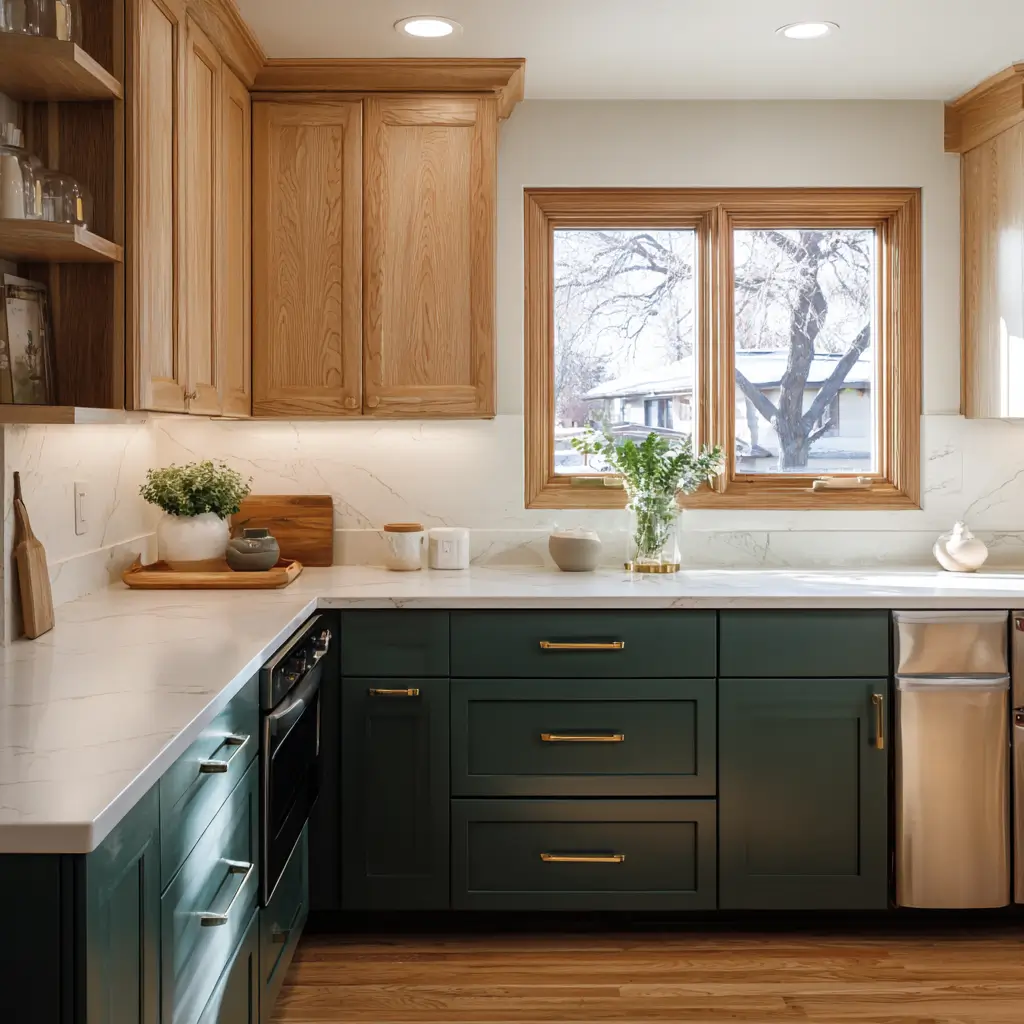 Remodeled kitchen with deep green lower cabinets, natural wood upper cabinets, quartz countertops, and brass hardware in a suburban Colorado home.