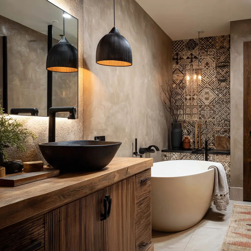Trend-forward bathroom remodel with freestanding tub, patterned tile accent wall, fluted wood vanity, vessel sink, and matte black fixtures.