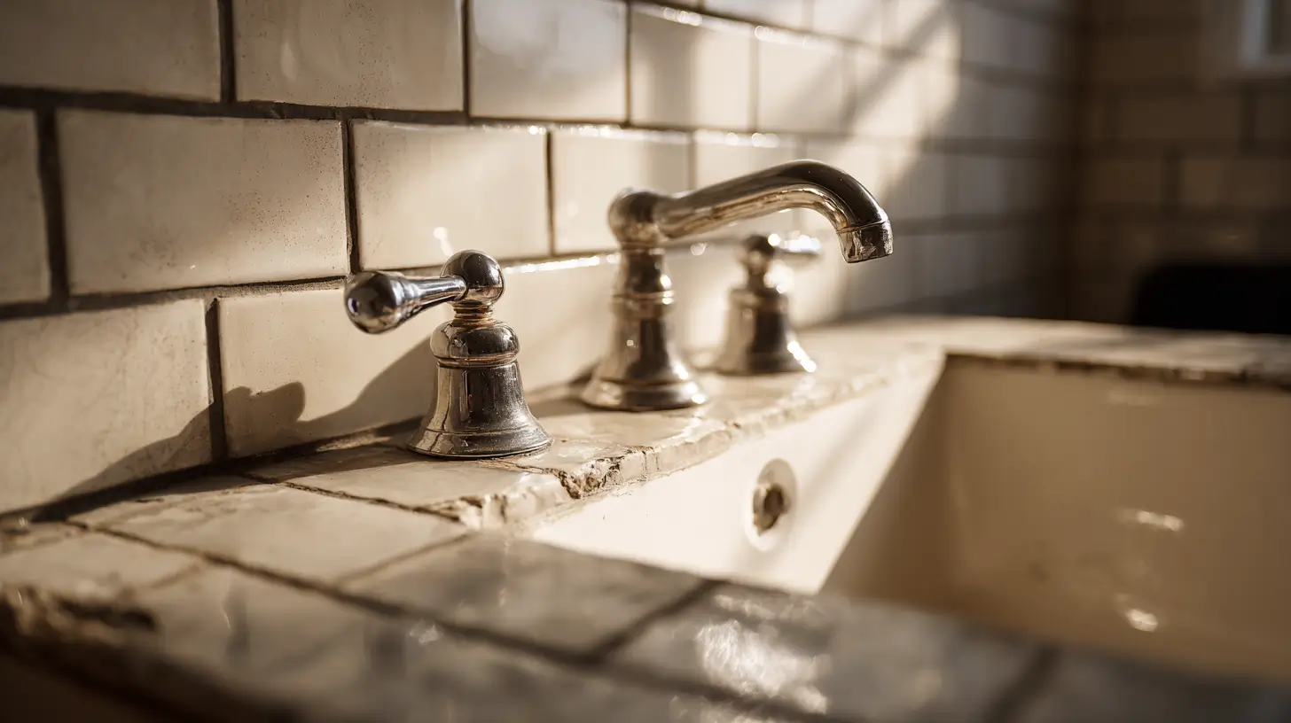 Close-up of worn chrome faucet handles and cracked tile grout on an outdated bathroom sink, lit by warm natural light