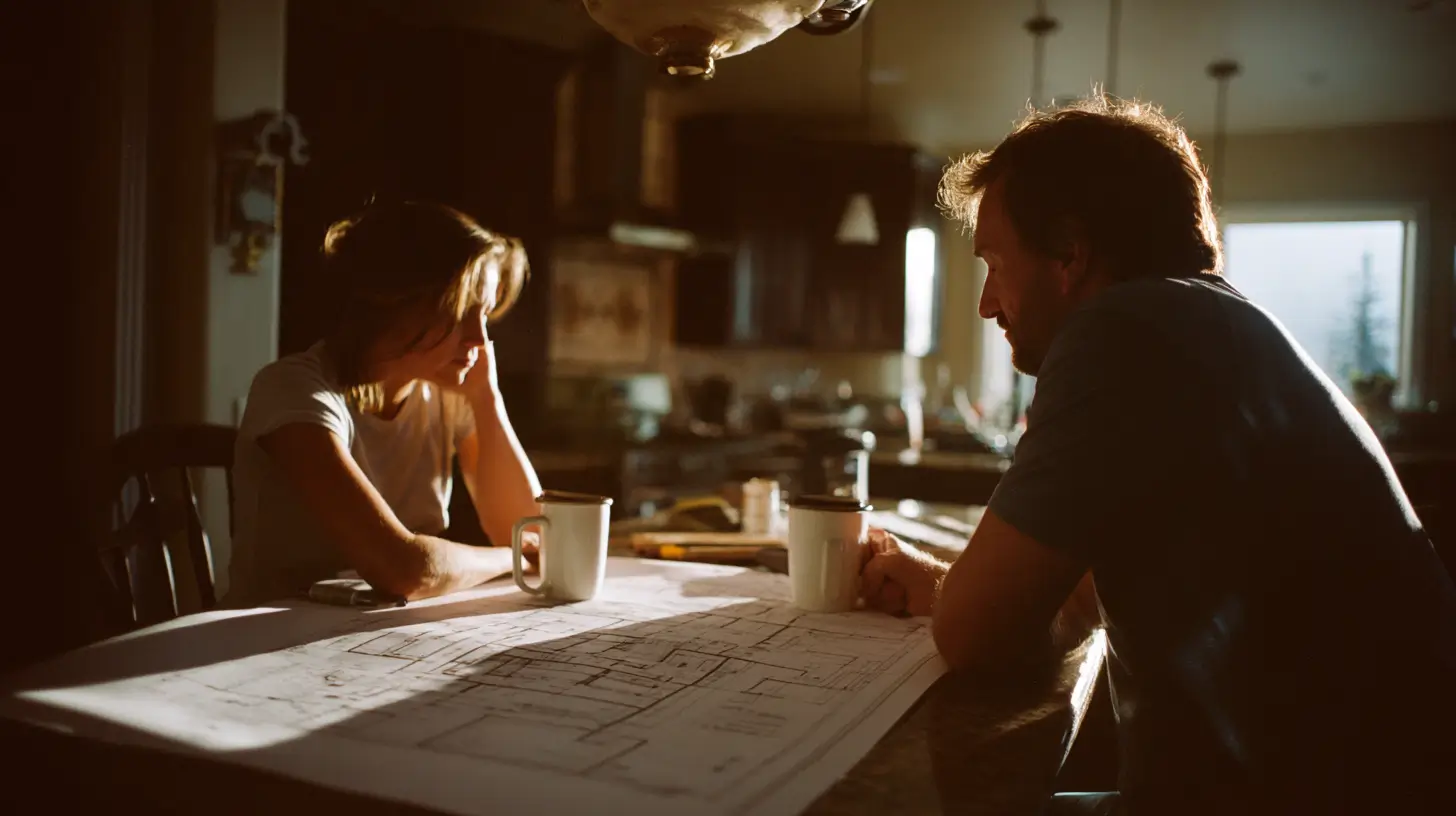 A homeowner and contractor reviewing blueprints together at a kitchen table with coffee cups, bathed in warm natural light.