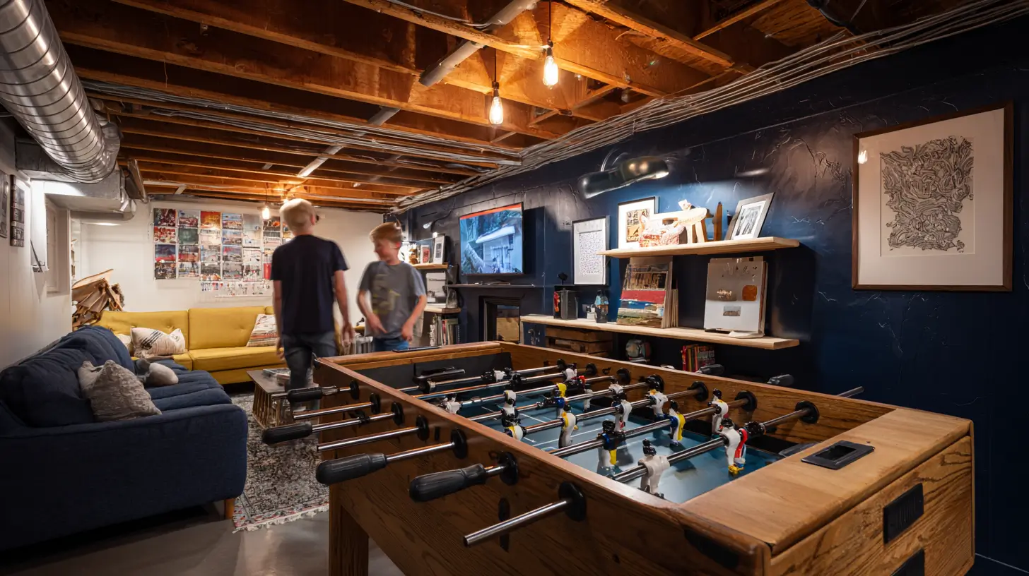 Two kids playing near a foosball table in a lively basement hangout space with exposed wood ceiling, Edison bulb lighting, navy accent wall, and a yellow sofa.