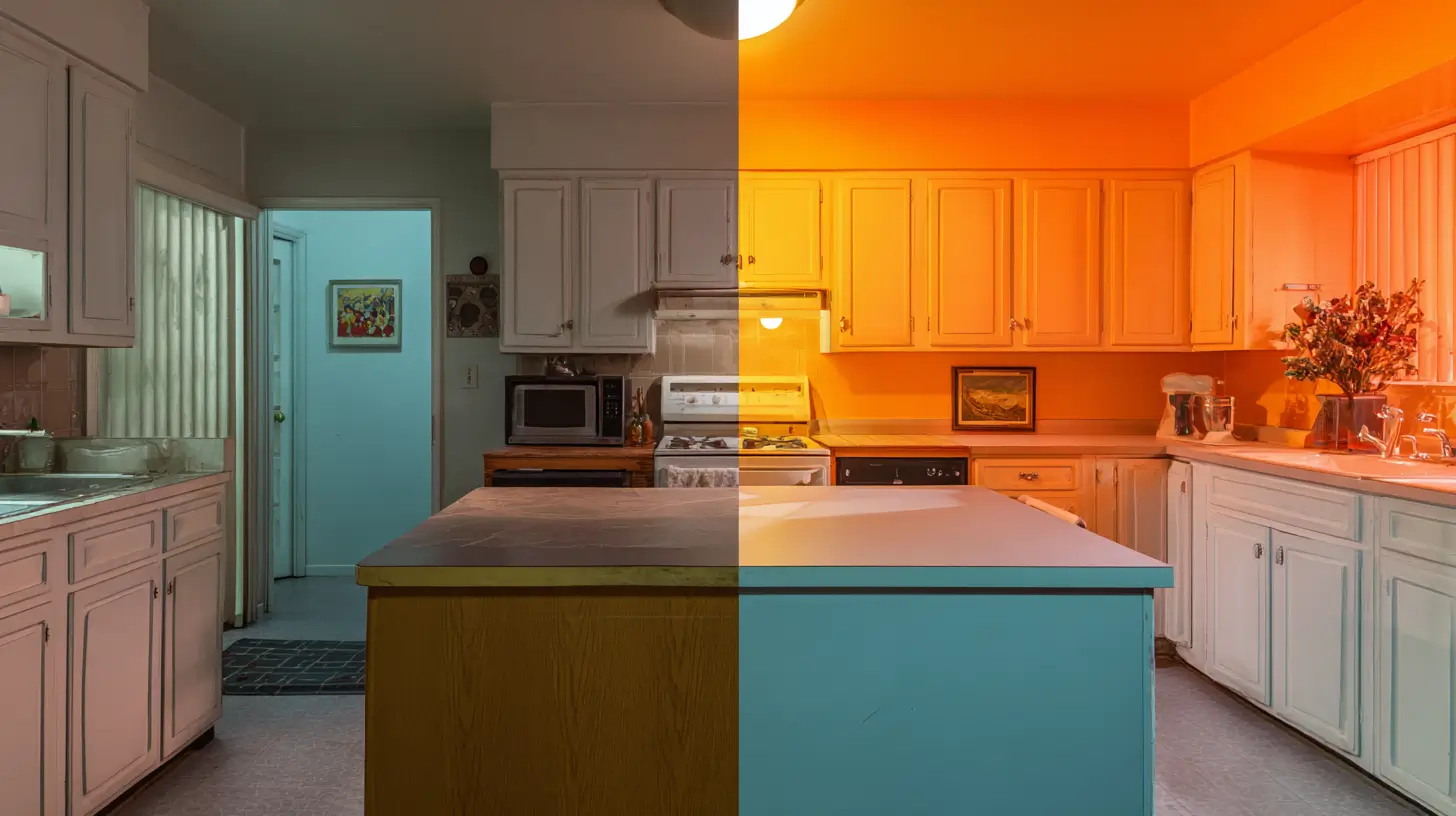 A split-view comparison of the same outdated kitchen shown in cool teal lighting on the left and warm orange lighting on the right, highlighting the emotional contrast of a home before and after a remodel.