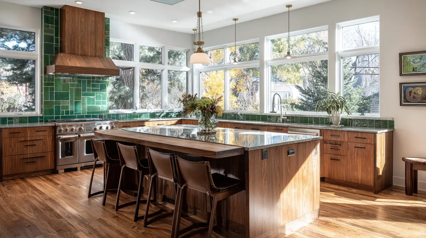 A bright Denver kitchen remodel featuring a large wood island with marble countertop, emerald green tile backsplash, warm walnut cabinets, hardwood floors, and oversized windows with a view of fall foliage.