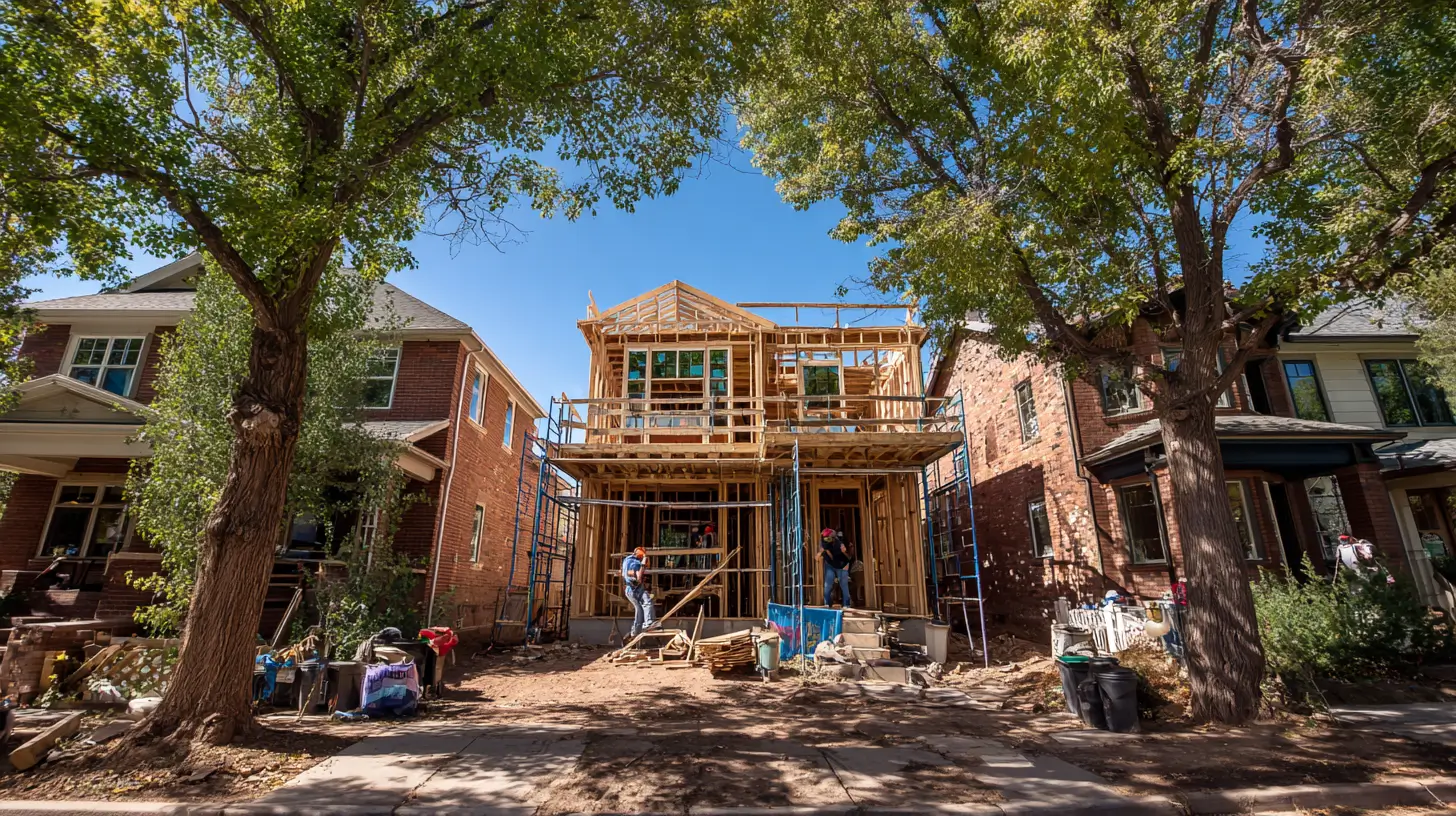 A two-story custom home under construction on a Denver infill lot, with exposed wood framing and scaffolding flanked by mature trees and existing brick homes on a sunny summer day.