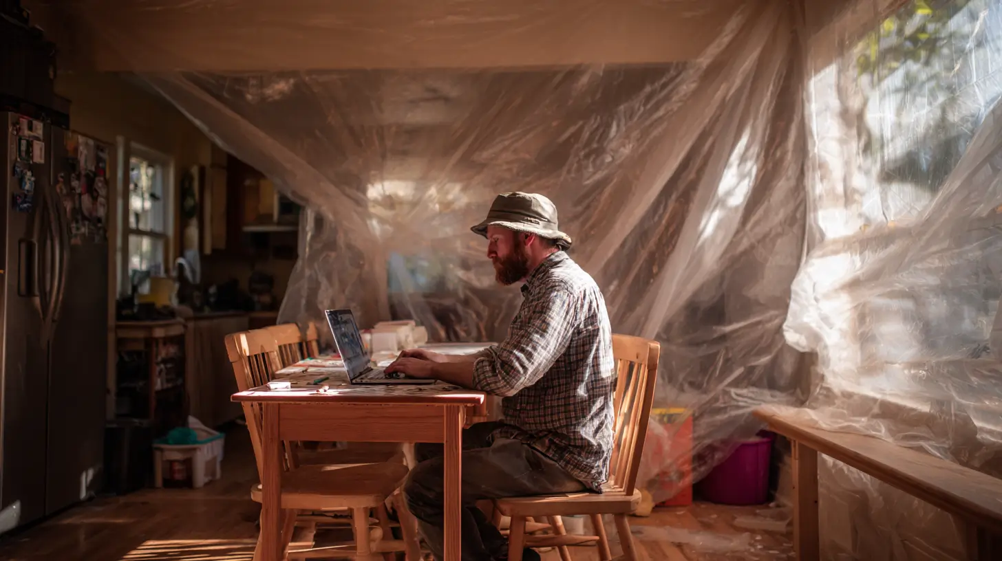 A bearded man in a plaid shirt and bucket hat working on a laptop at a dining table, surrounded by plastic sheeting dust barriers during an active home remodel, warm sunlight filtering through the containment.