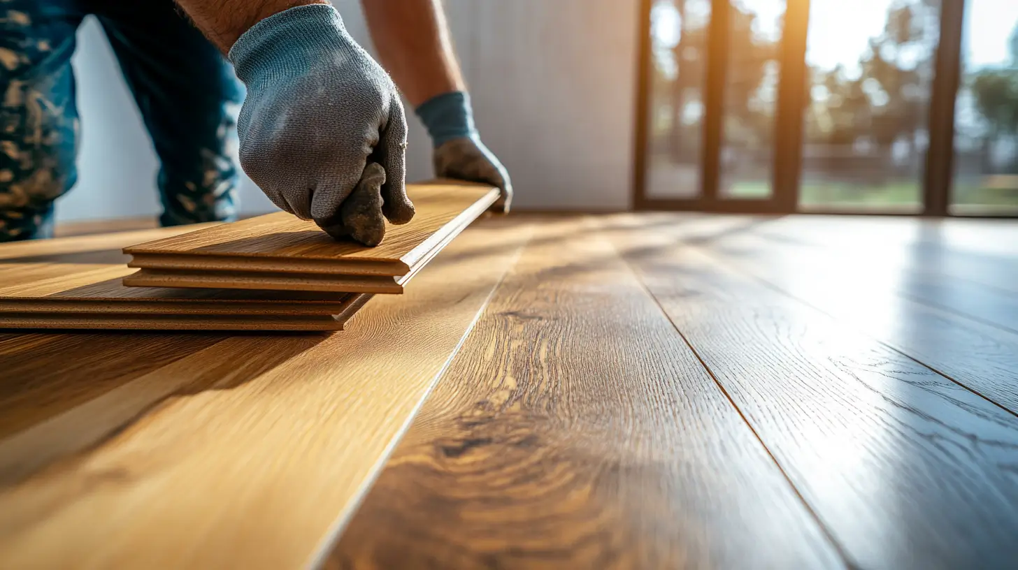Flooring contractor installing hardwood plank flooring in a Denver home