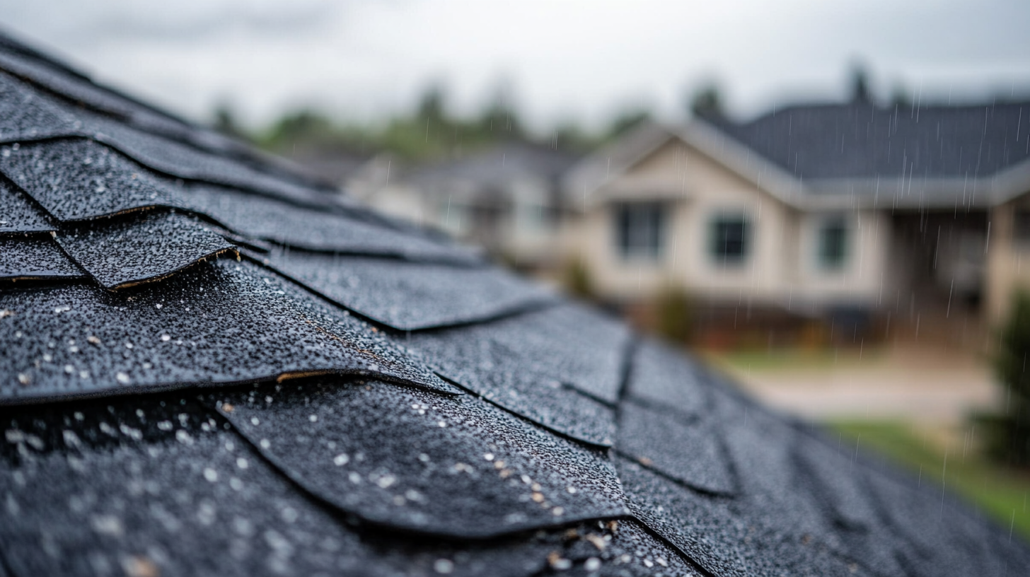Close-up of wet asphalt shingles on a Denver home roof during rainfall, with a residential neighborhood visible in the background