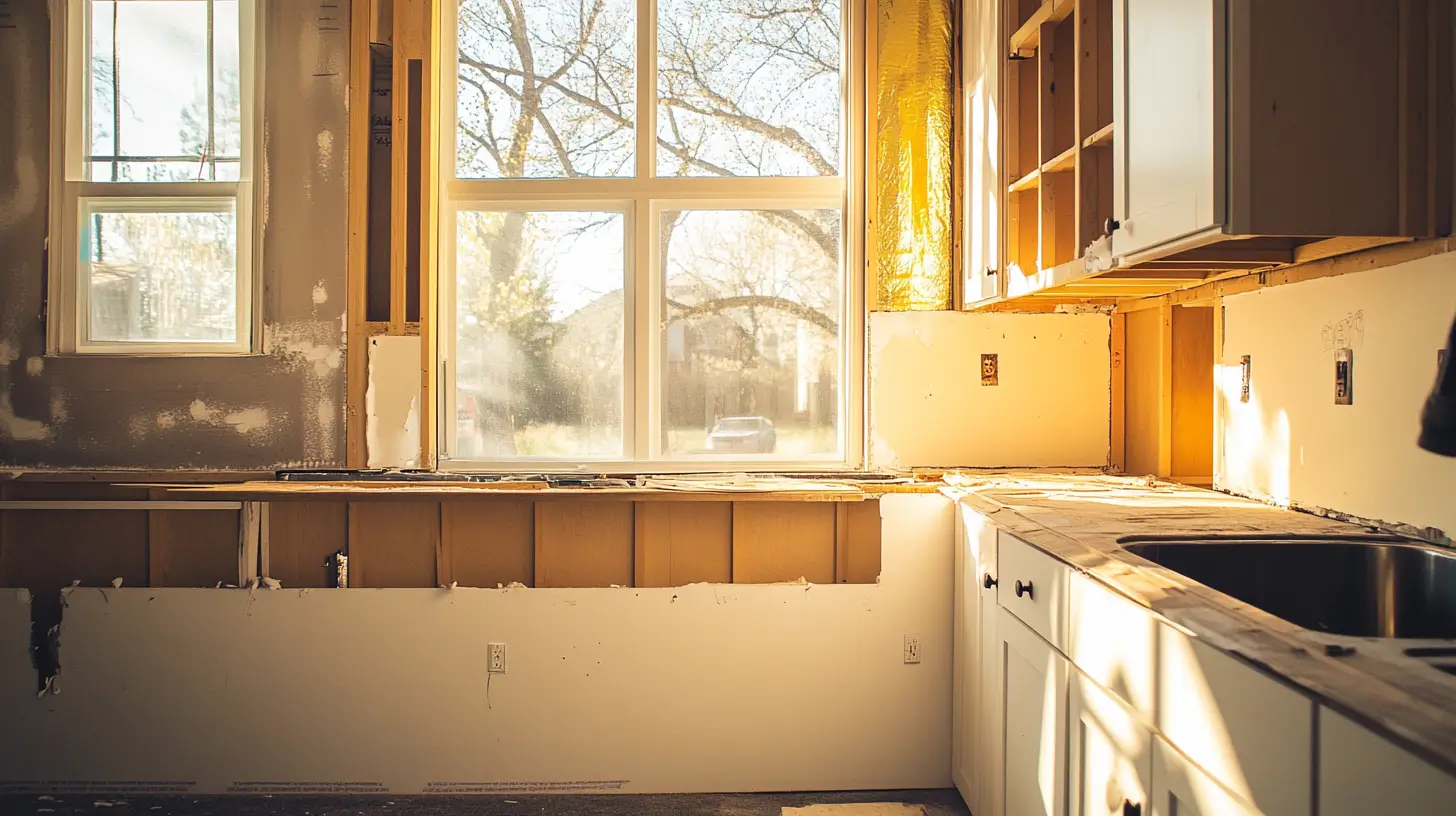 Kitchen remodel in progress in a Denver home, with cabinets removed, exposed walls, and golden afternoon light streaming through large windows