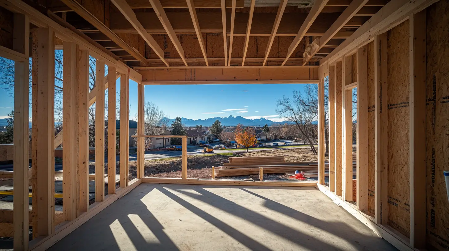 Interior framing of a custom home under construction in Denver, with exposed wood studs, OSB sheathing, and sweeping Rocky Mountain views through an open window opening