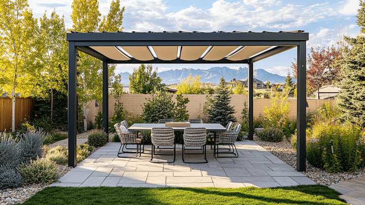Black metal pergola with retractable canopy over a paved patio dining area, Front Range mountains visible in a Denver backyard.