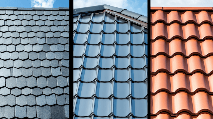 Three Denver roofing materials side by side: asphalt shingles, metal panels, and clay tile, showing texture and color contrast.