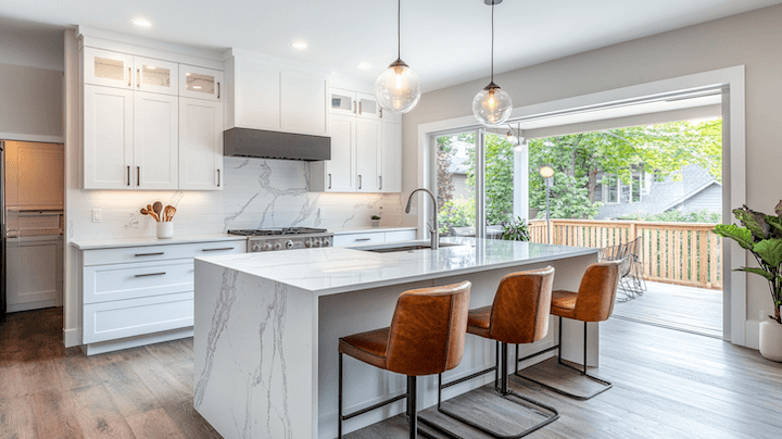 Large quartz waterfall kitchen island with counter-height seating for three in a bright Denver home with open patio doors