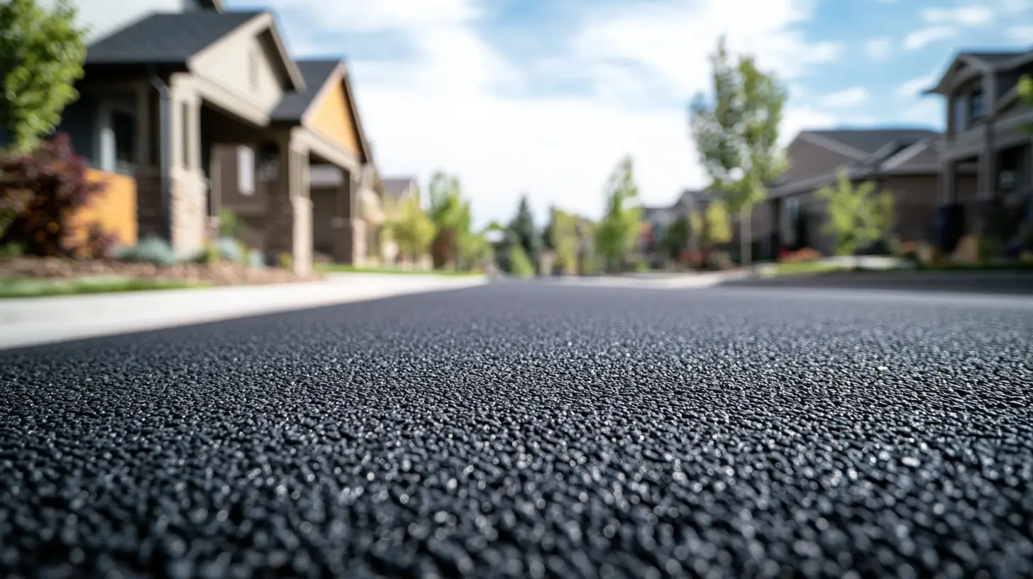 Three side-by-side driveway material samples on a Denver residential property: freshly poured concrete on the left, smooth black asphalt in the middle, and interlocking gray pavers on the right, photographed from a low angle showing texture differences, a 