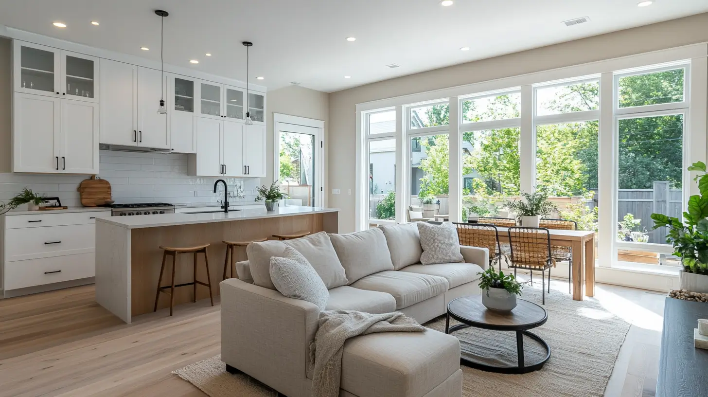 Bright open-plan interior of a finished Denver ADU showing a kitchen with white shaker cabinets and a small island, a dining nook, and a living area with a neutral sofa visible, large windows letting in natural light, light wood floors, photorealistic inte