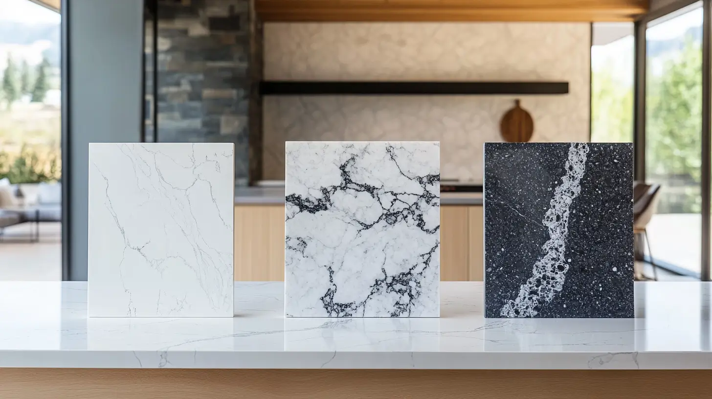 Three countertop samples in a Denver kitchen: white veined quartz, dark speckled granite, and Carrara marble.