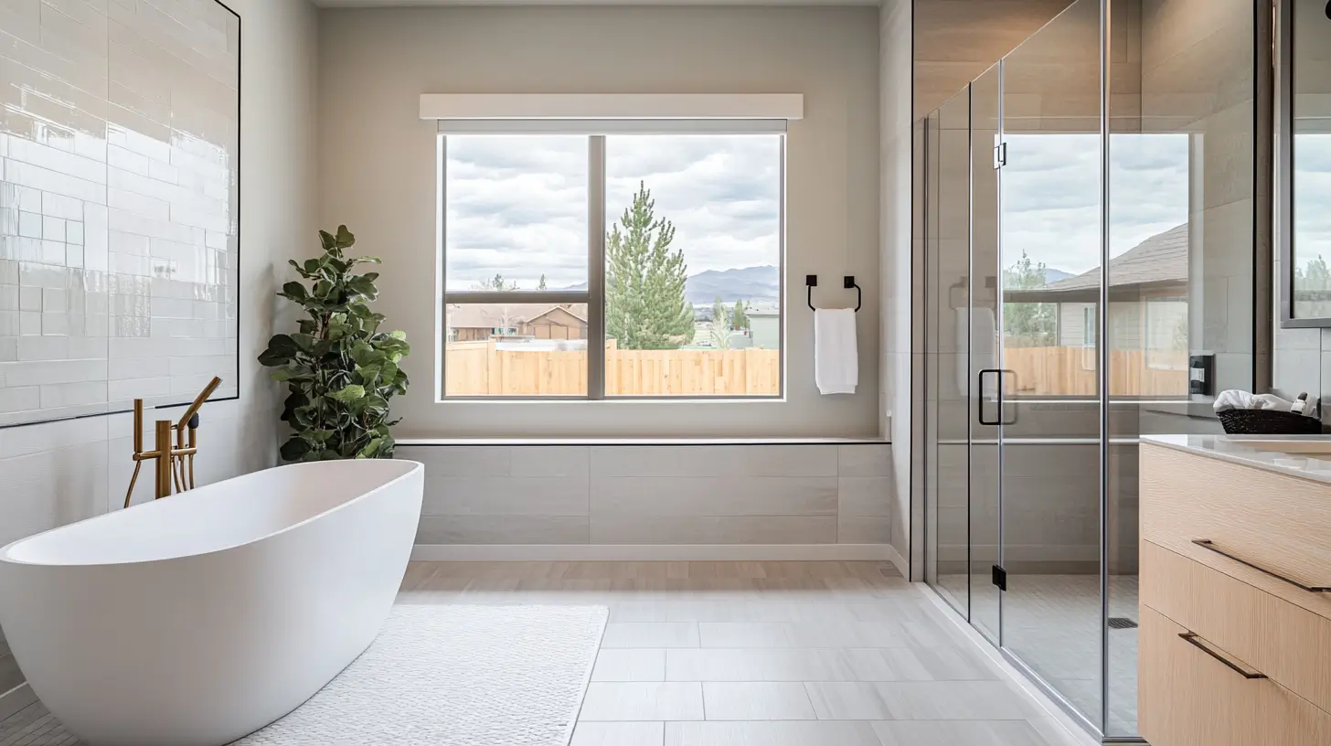 Modern Denver master bathroom with a freestanding soaking tub beside a frameless glass walk-in shower.