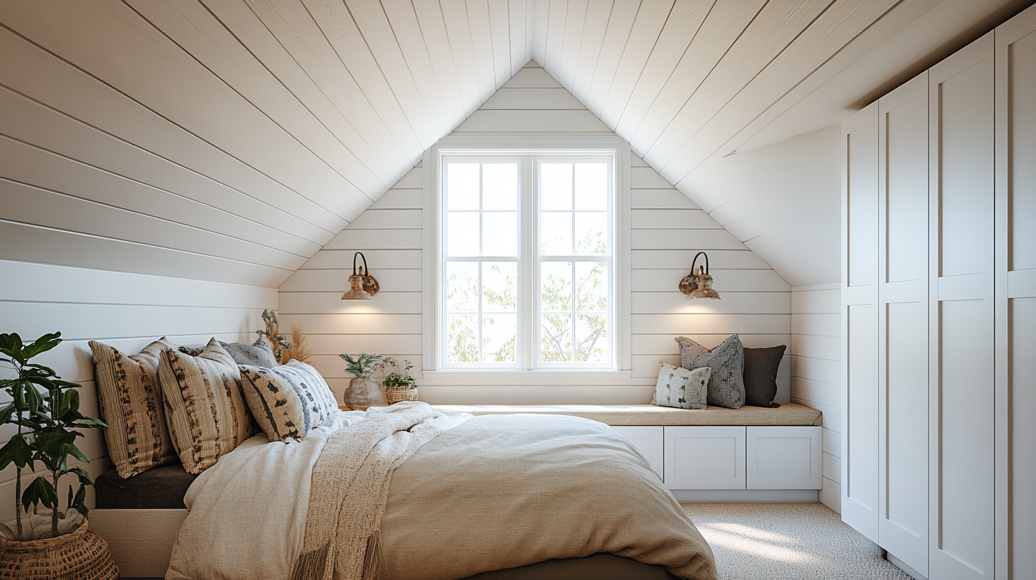 Finished Denver bungalow attic bedroom with shiplap ceiling and a dormer window bench seat in warm natural light.